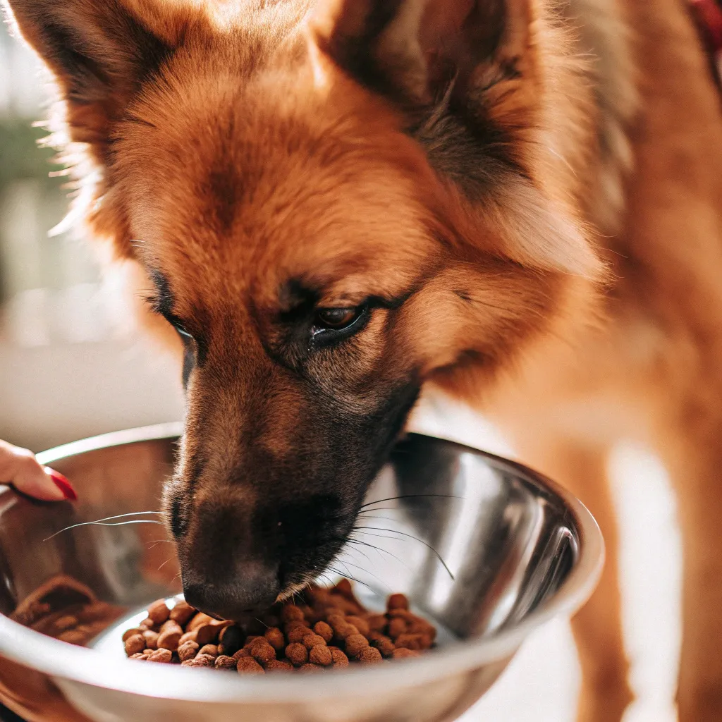 food for German Shepherd close-up during mealtime