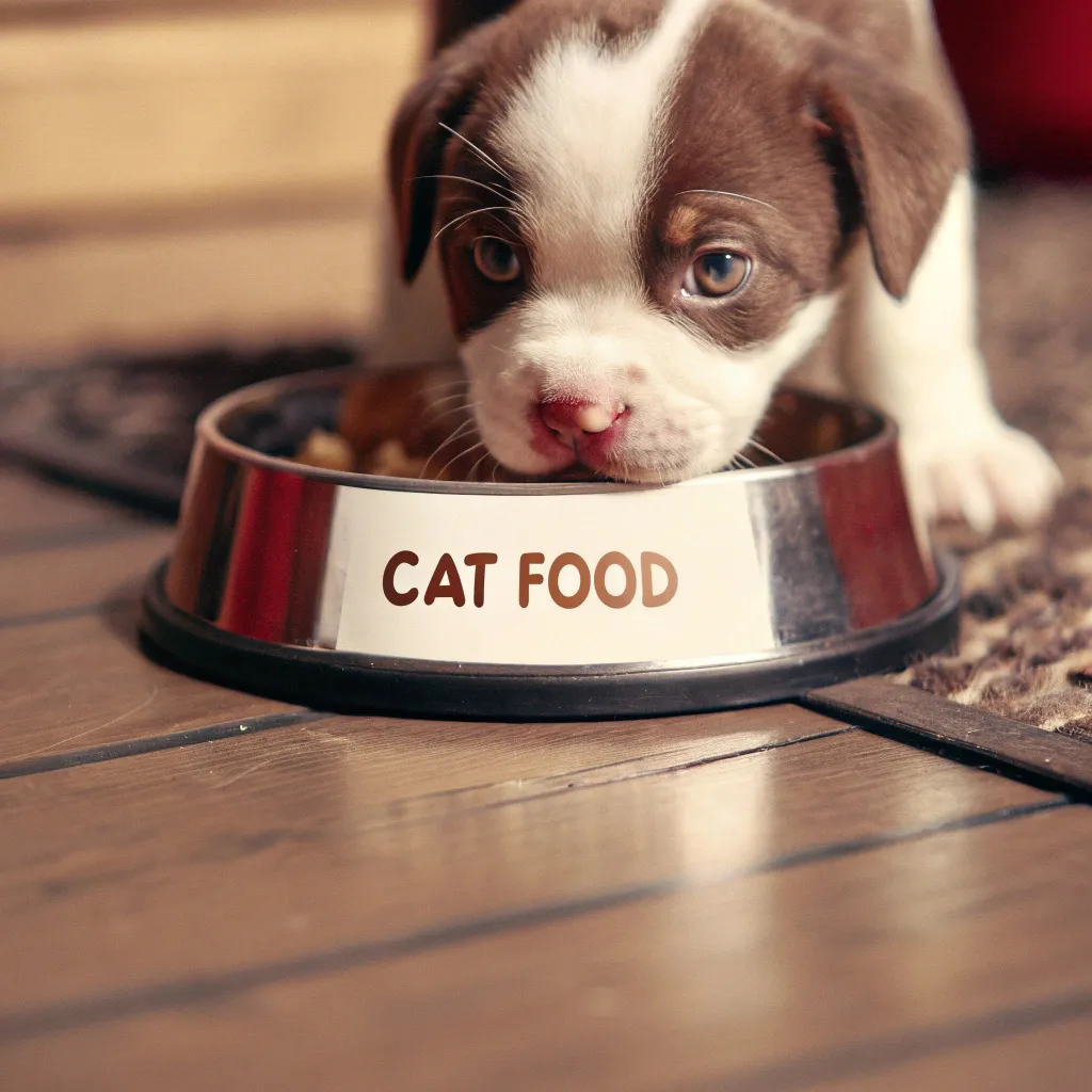 Puppy trying to eat cat food